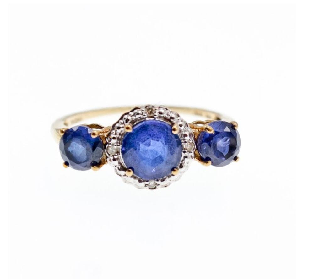 10K Yellow Gold London Blue Topaz & Diamonds Ring Size 6.5